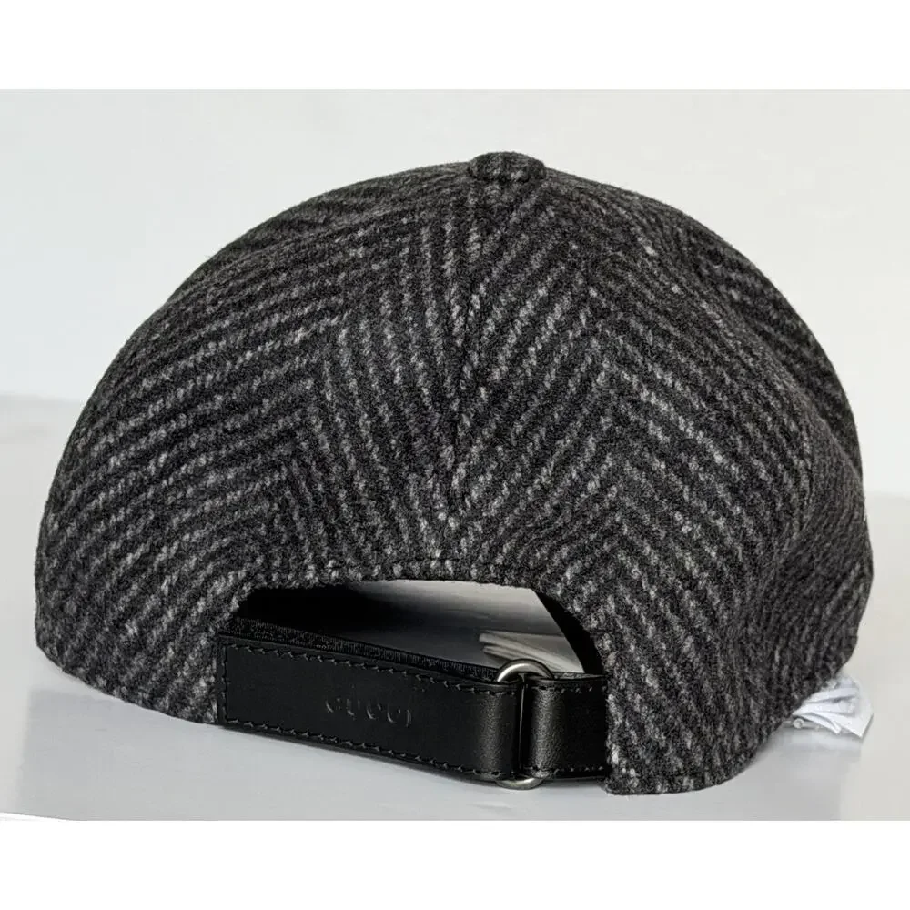 Gucci Herringbone Wool/Silk Baseball Hat Charcoal Logo Cap Size Large 817497 NWT